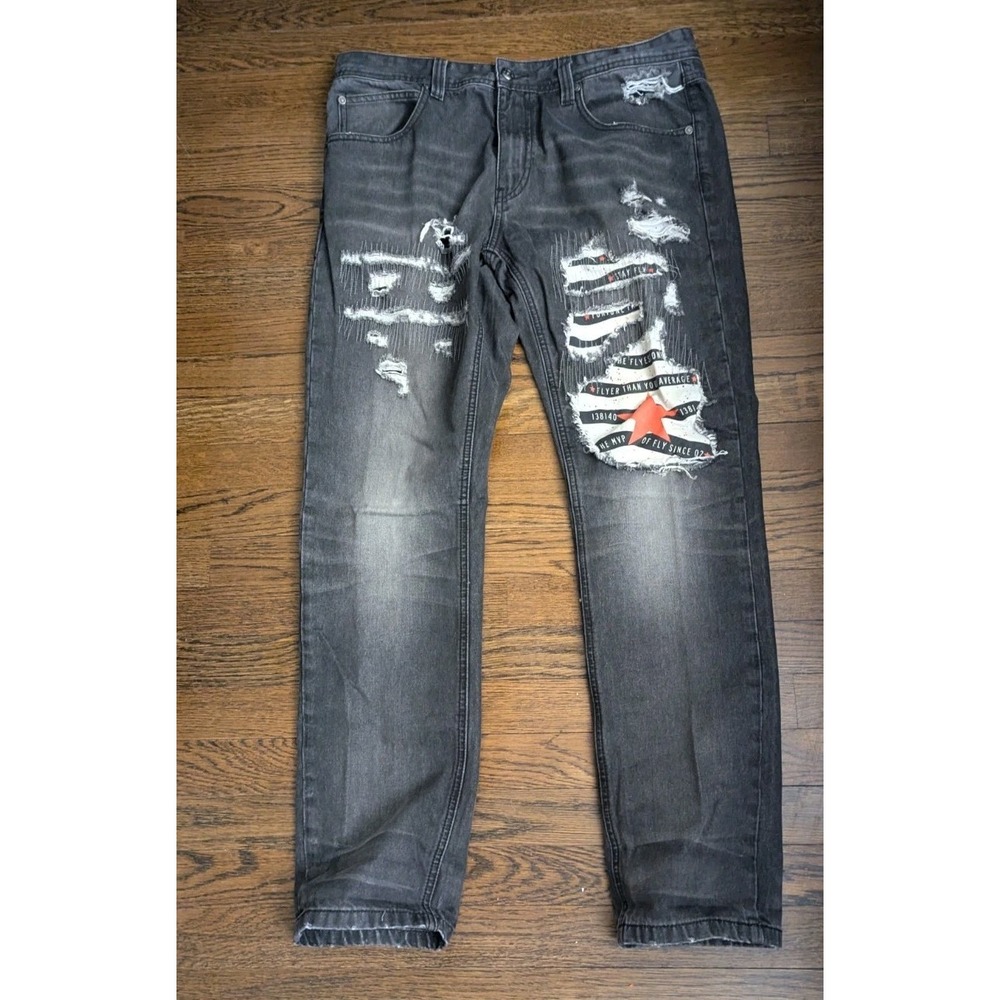 Born Fly Mens Black Distressed Denim Flyer Than Your Average Patched Jeans Sz 36